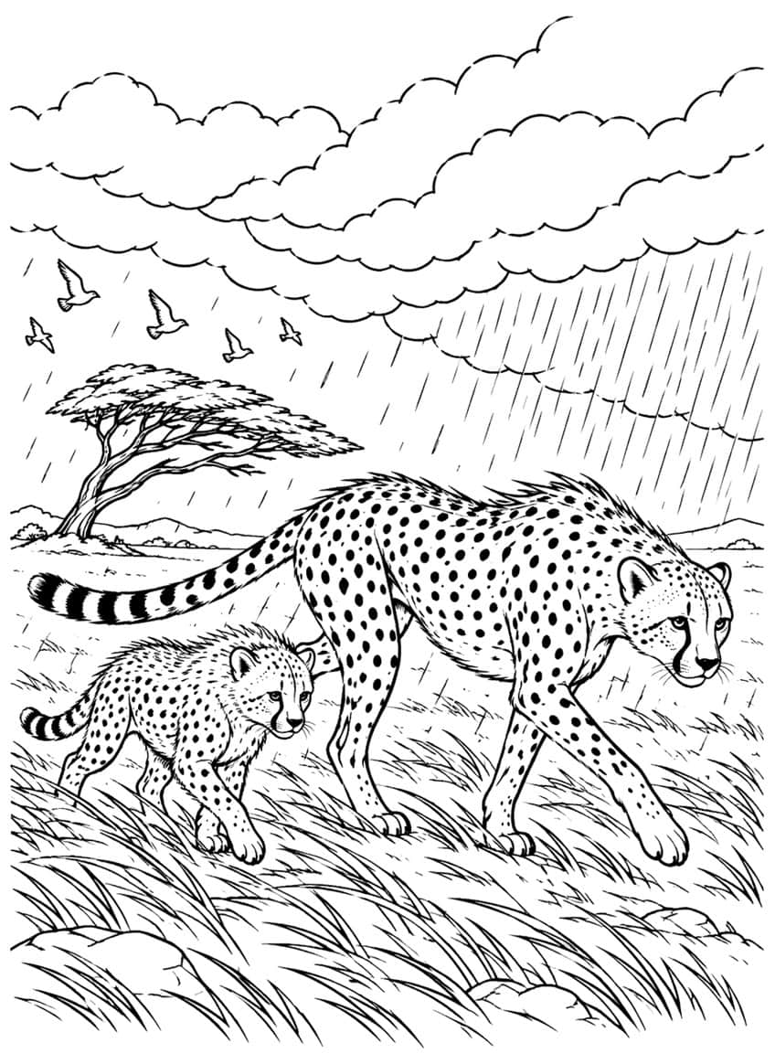 Cheetah with cub walking through rain, acacia tree and flying birds