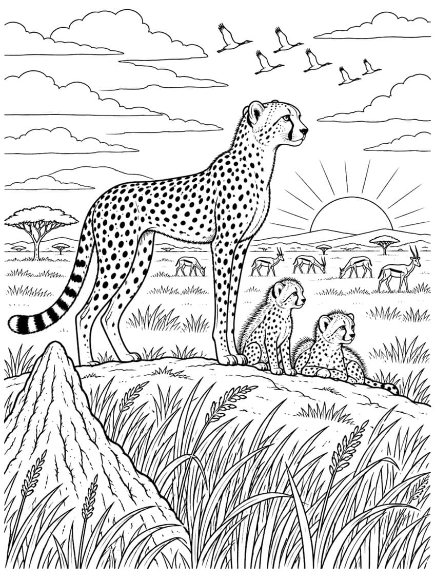 Cheetah with two cubs on a mound overlooking gazelles at sunrise