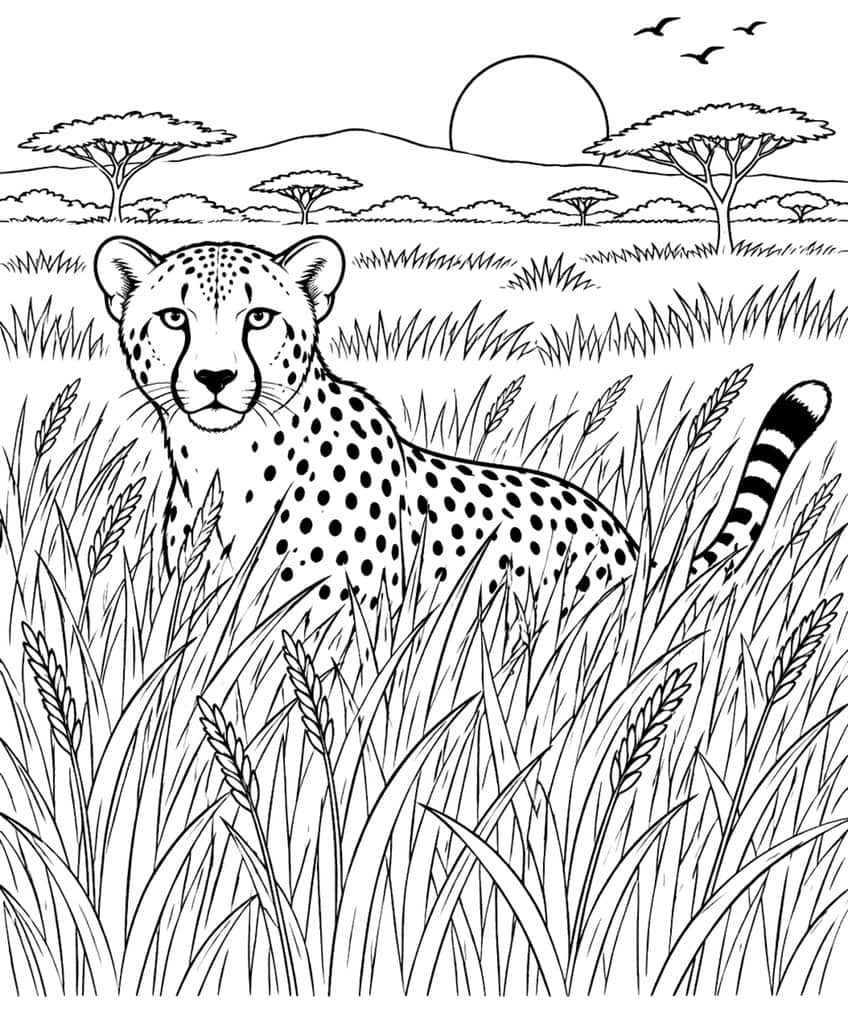 Cheetah walking through tall grass with acacia trees, sun and flying birds