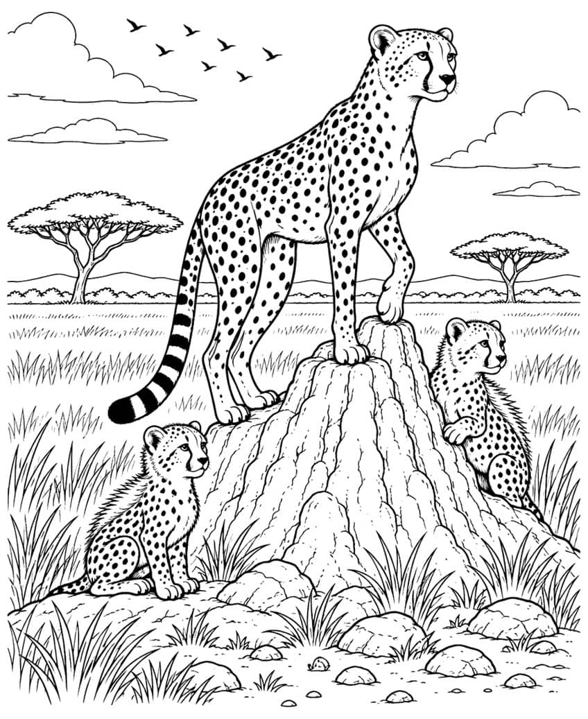 Cheetah on termite mound with two cubs, acacia trees, birds, grass
