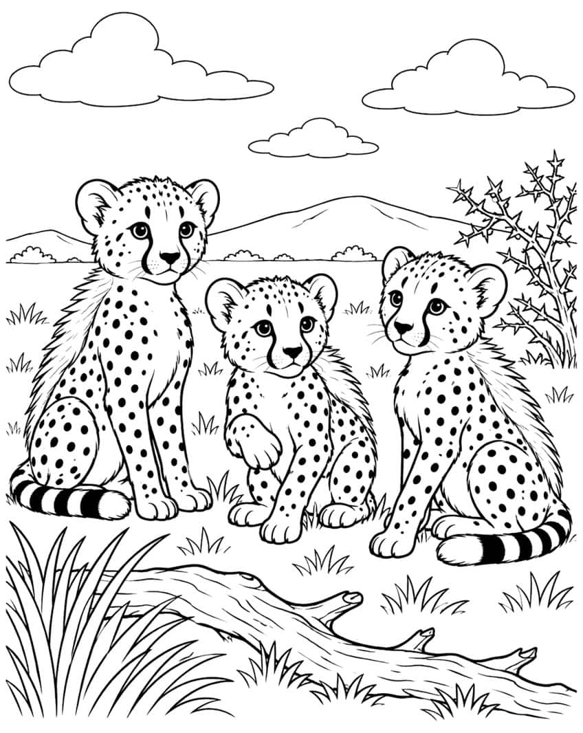 Three cheetah cubs sitting behind a log with mountains and clouds behind them