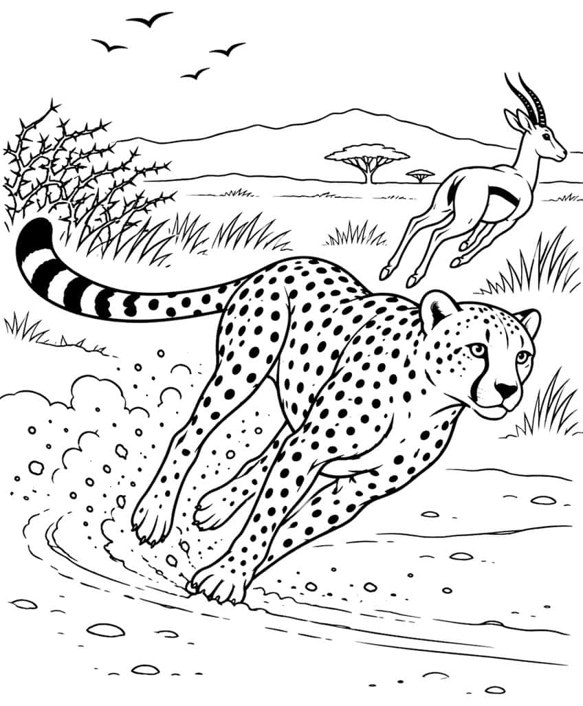 Cheetah turning on a path chasing a gazelle, mountains and acacia trees behind