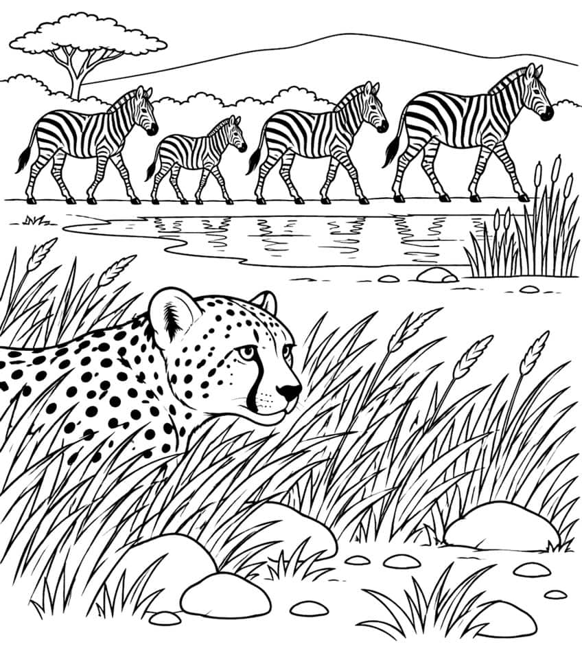 Cheetah hiding in grass watching zebra family walk by a waterhole