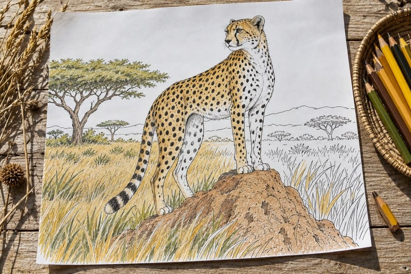 cheetah coloring page partly colored in with pencils