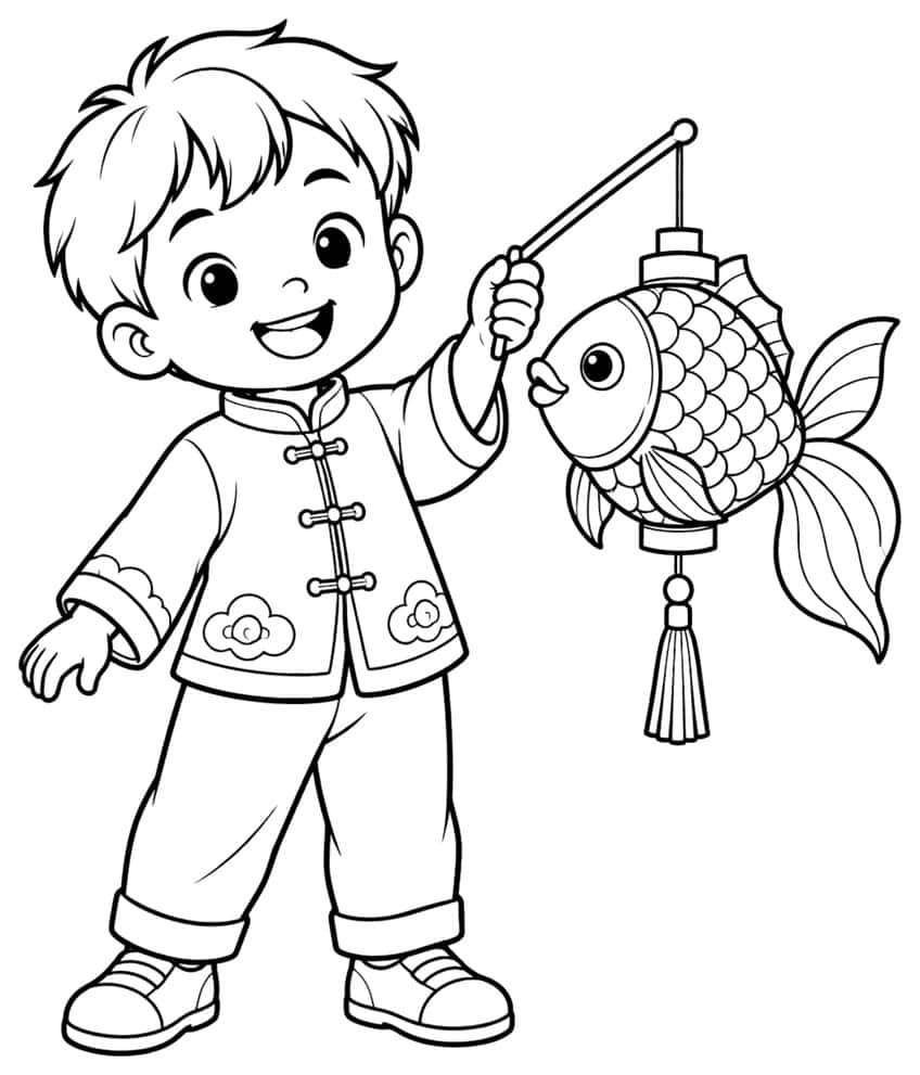 Coloring page of a boy holding a fish-shaped paper lantern on a pole