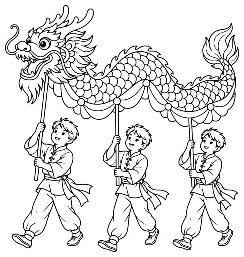 Coloring page with three children carrying a Chinese dragon on poles