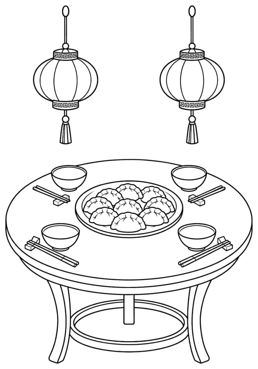 Coloring page: round table with dumpling platter, bowls, chopsticks and two lanterns