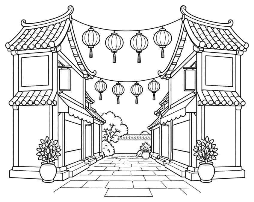 Coloring page of a Chinese street with hanging lanterns and tiled roofs