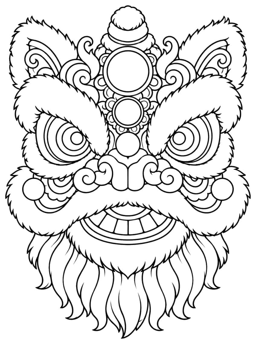 Chinese lion dance mask coloring page with big eyes, curls and fur fringe