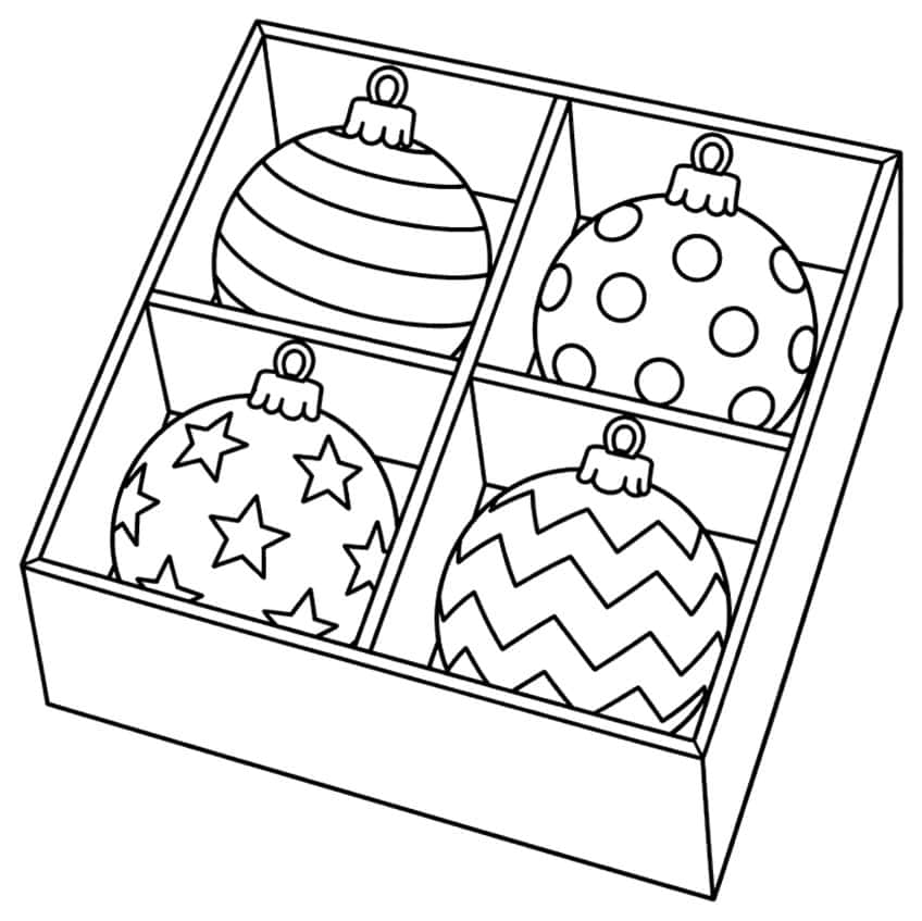 Coloring page of a box with four patterned Christmas baubles