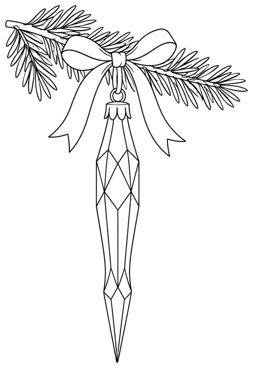 Coloring page of a faceted icicle ornament hanging from a bow on a fir branch