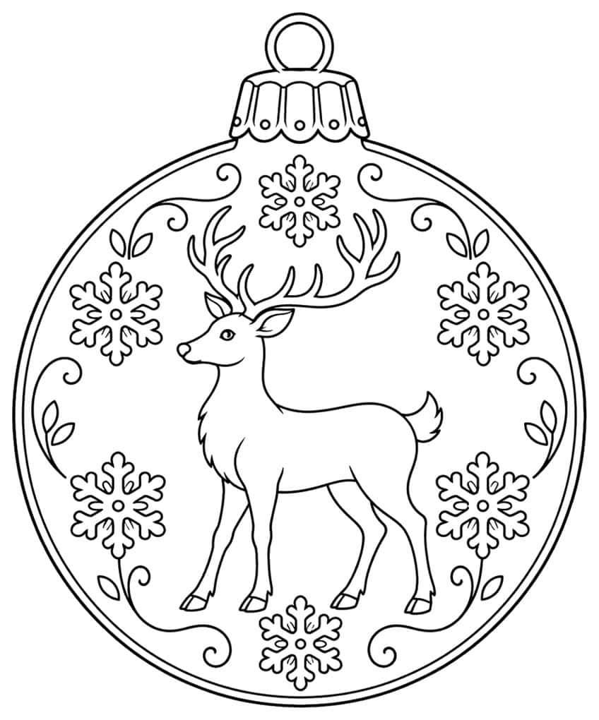 Coloring page: Christmas bauble with reindeer and snowflakes
