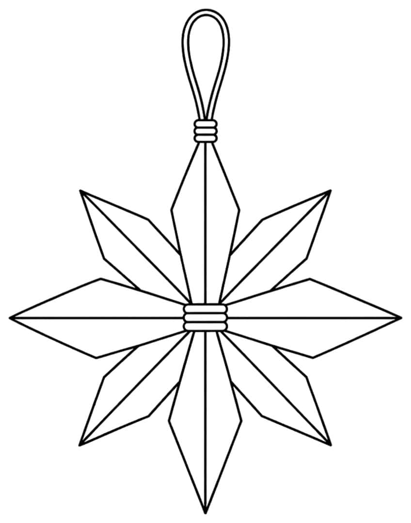 Line drawing of an eight-pointed straw star ornament on a hanging loop