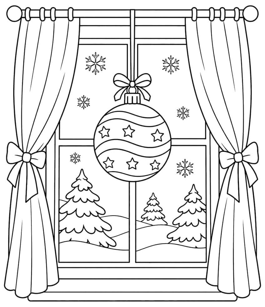 Coloring page of a star bauble hanging in a window with curtains and fir trees