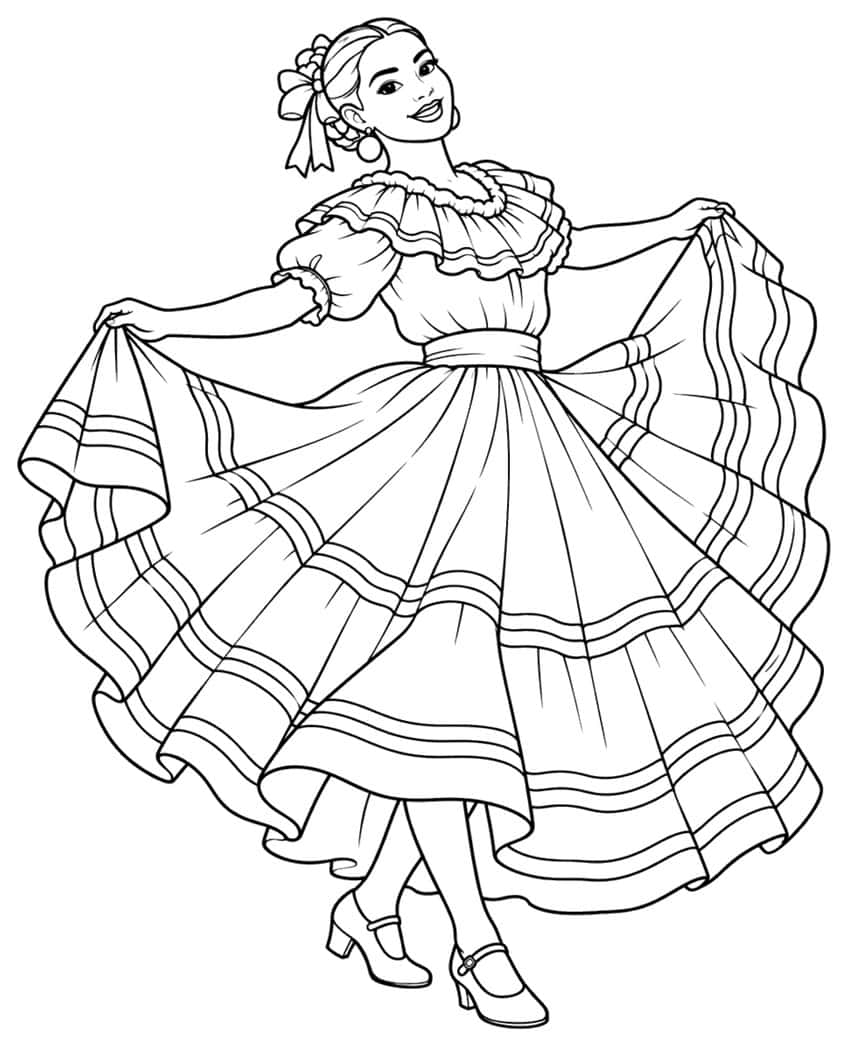 Coloring page of a folklorico dancer holding out her wide ruffled skirt
