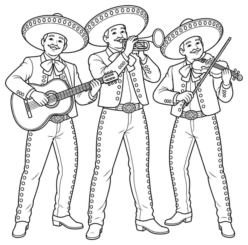 Coloring page with three mariachi musicians playing guitar, trumpet and violin