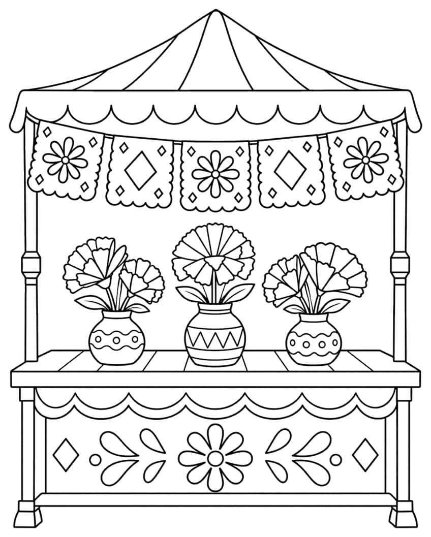 Coloring page of a market stall with paper flowers and papel picado banners