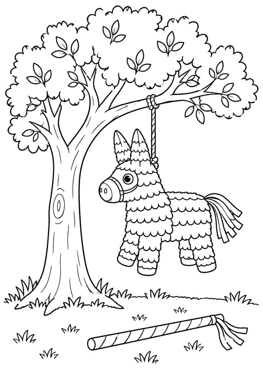 Coloring page of a donkey pinata hanging from a tree with a stick in the grass