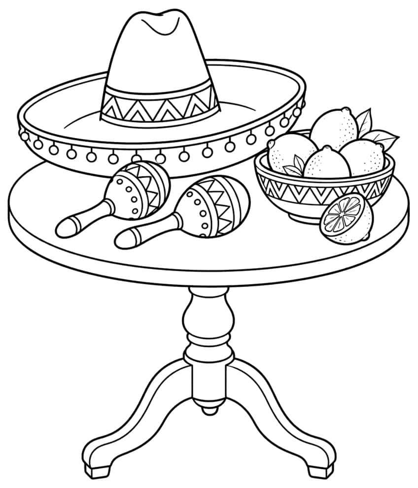Coloring page with sombrero, maracas and a bowl of limes on a round table