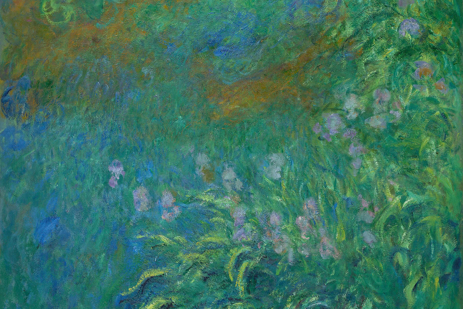 Blue, green, and violet brushstrokes form dense irises across Claude Monet’s square garden canvas.