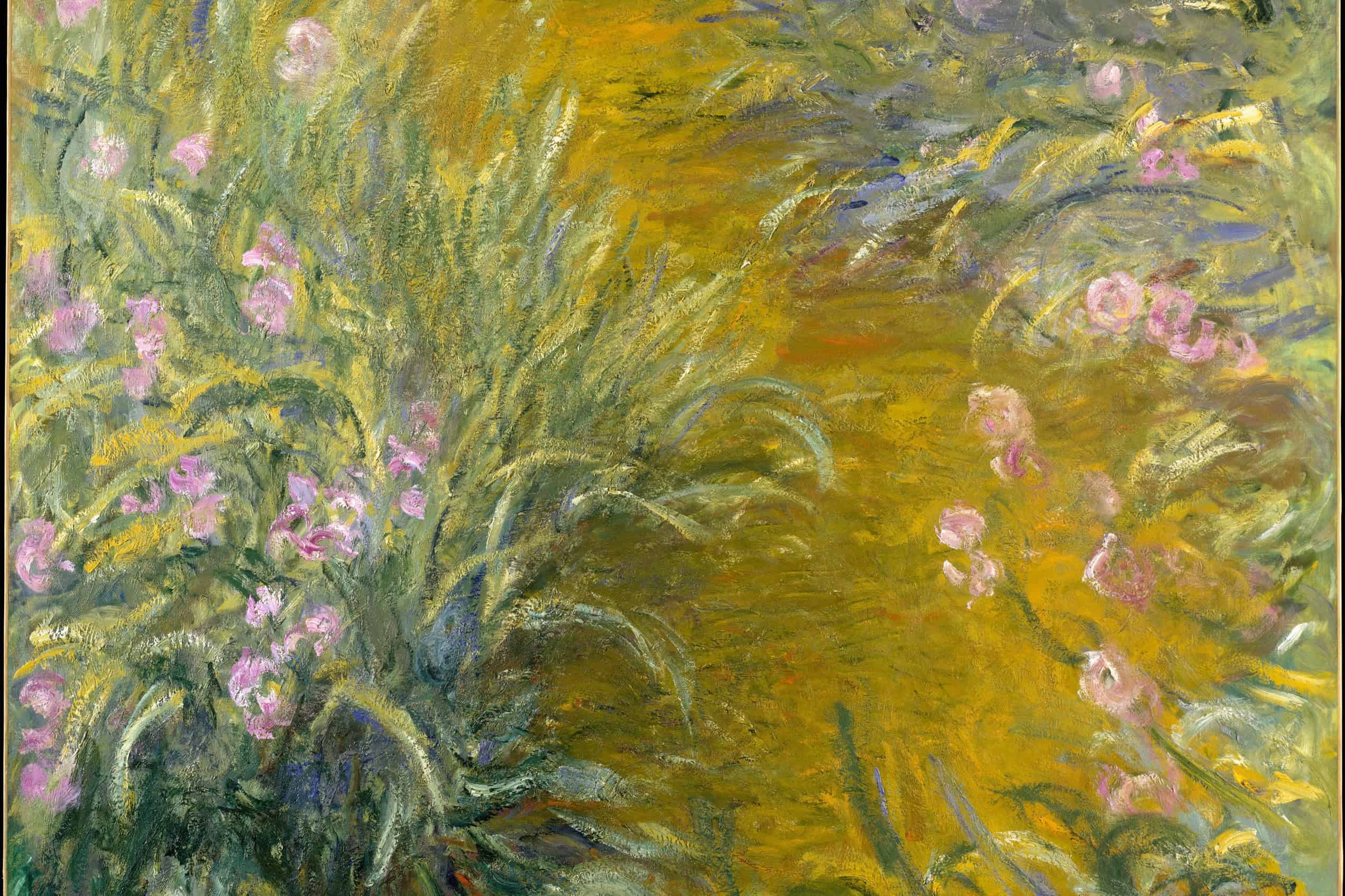 Purple and blue irises border a winding path in Claude Monet’s The Path through the Irises.