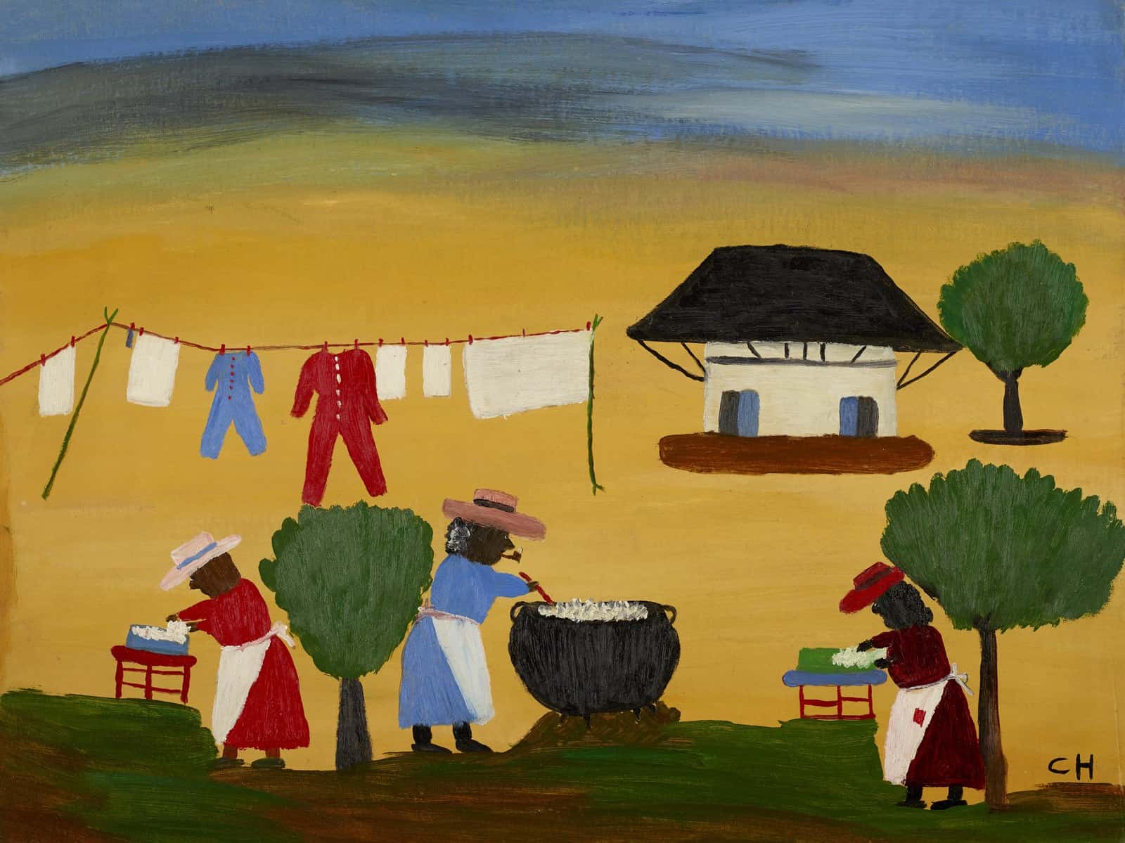 Three women wash clothes near the African House in Hunter’s The Wash, painted in the 1950s.