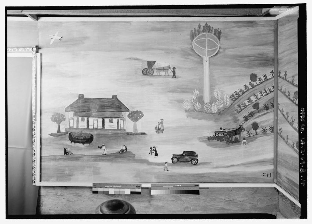 ELEVATION VIEW OF MURAL "PHOTO and AIRPLANE" BY CLEMENTINE HUNTER IN NORTHEAST CORNER, NORTH WALL, WITH SCALE - Melrose Plantation, African House, State Highway 119, Melrose, HABS