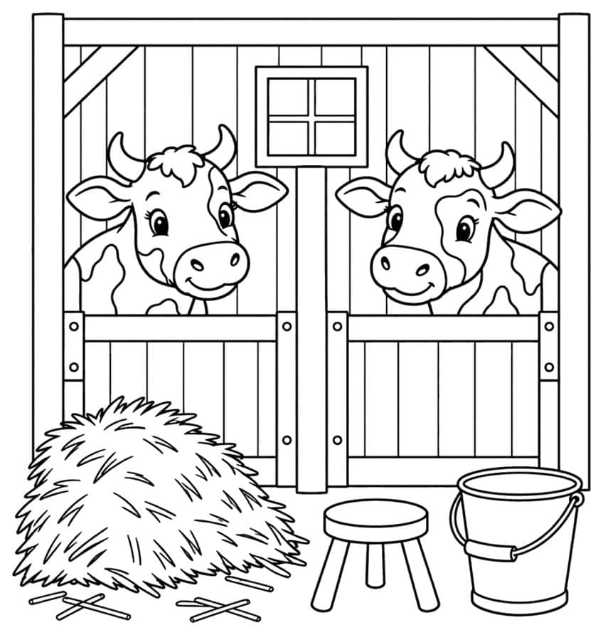 Coloring page with two cows in a barn stall, hay pile, stool and pail