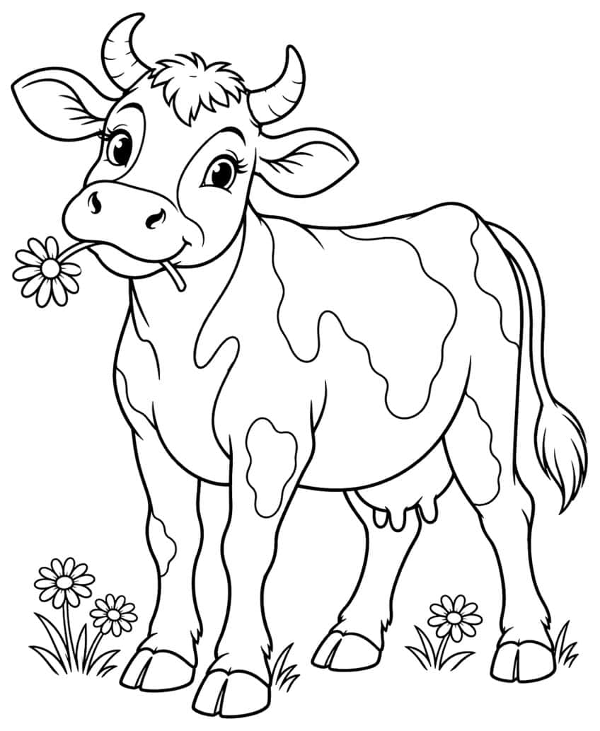 Cow coloring page: smiling spotted cow chewing a daisy in a flowery meadow