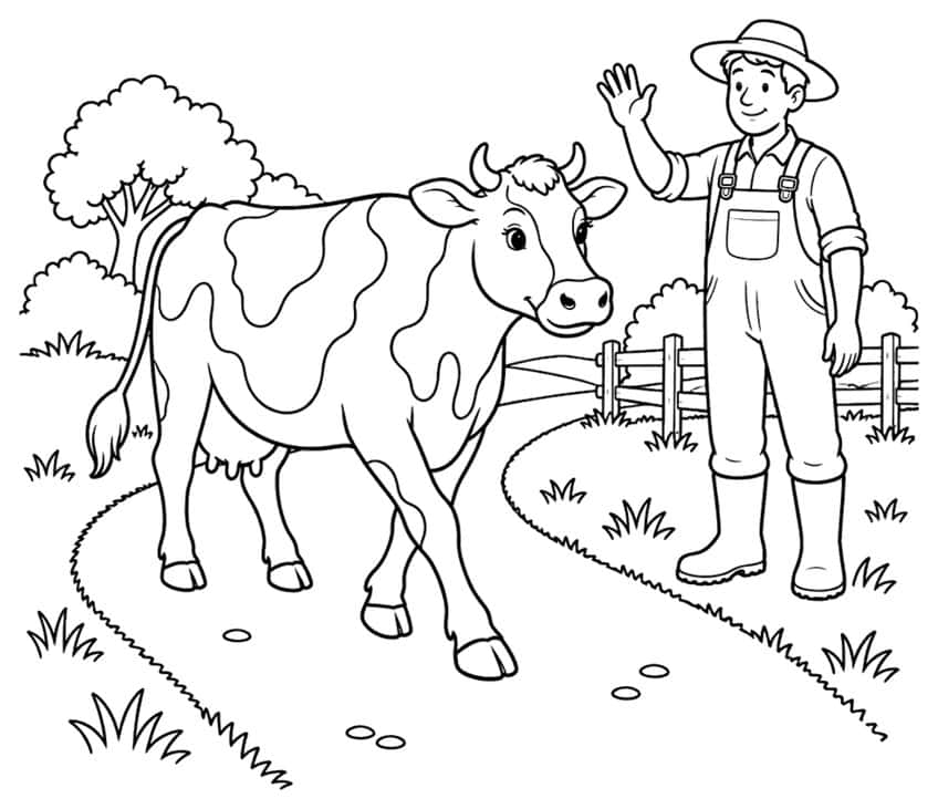 Coloring page with a cow on a path and a waving farmer by a fence