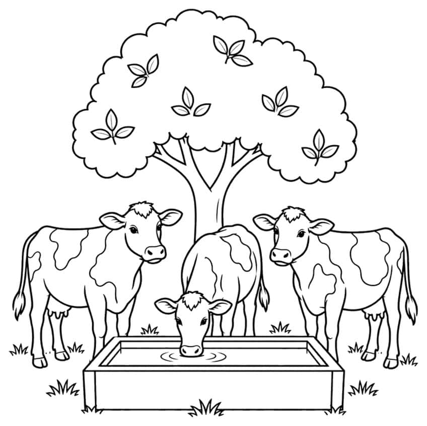Coloring page with three cows drinking from a trough under a tree