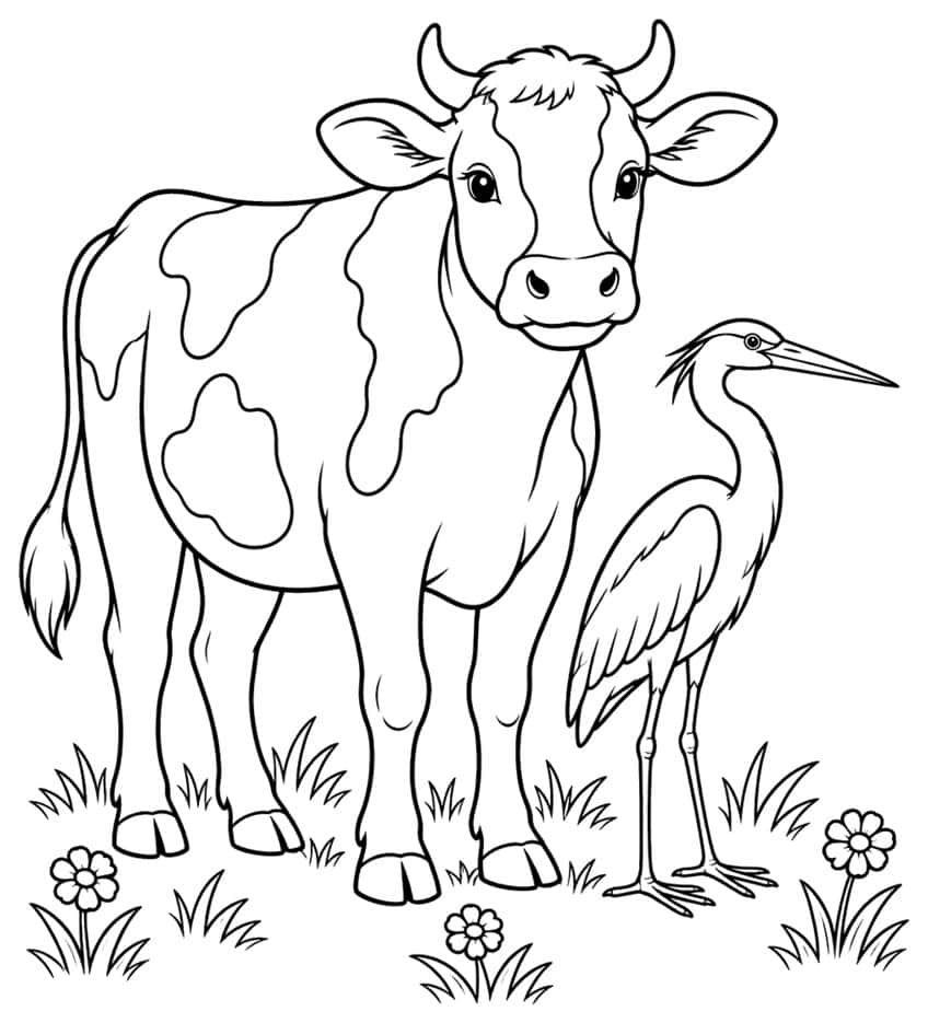 Coloring page: spotted cow standing next to a heron in a flowery meadow