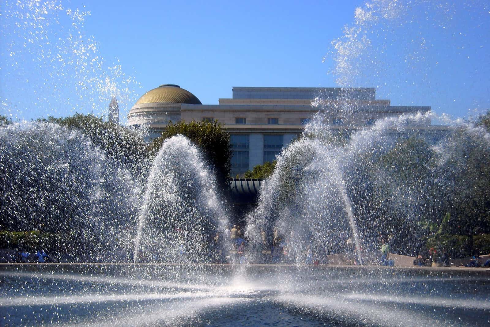 Fountain and surrounding trees in the National Gallery of Art Sculpture Garden.