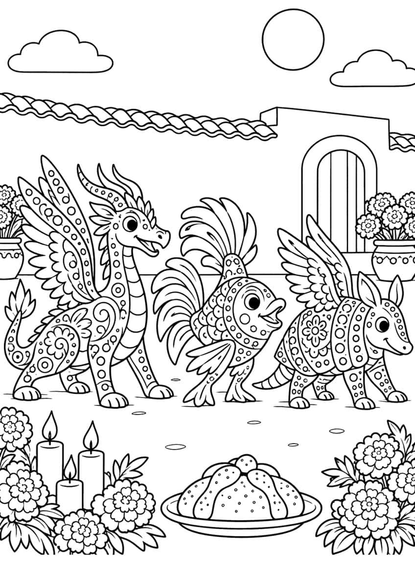 Three patterned winged alebrije animals with candles, marigolds, pan de muerto and an arched door