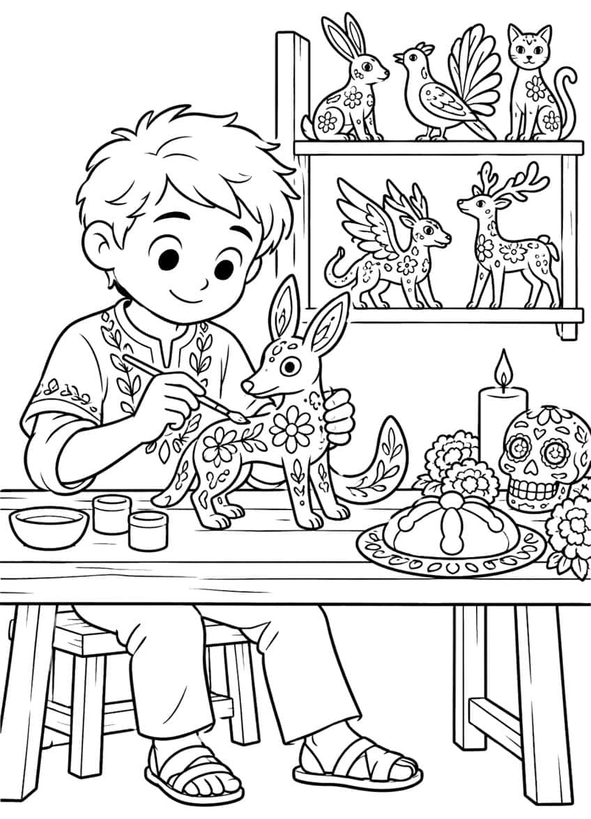Boy painting a patterned alebrije at a table with paint pots, candle, sugar skull, bread and a shelf of animal figures