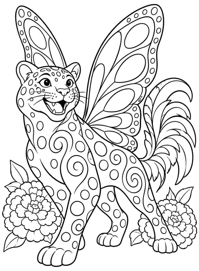 Spotted jaguar with butterfly wings, feathered tail and two marigold flowers