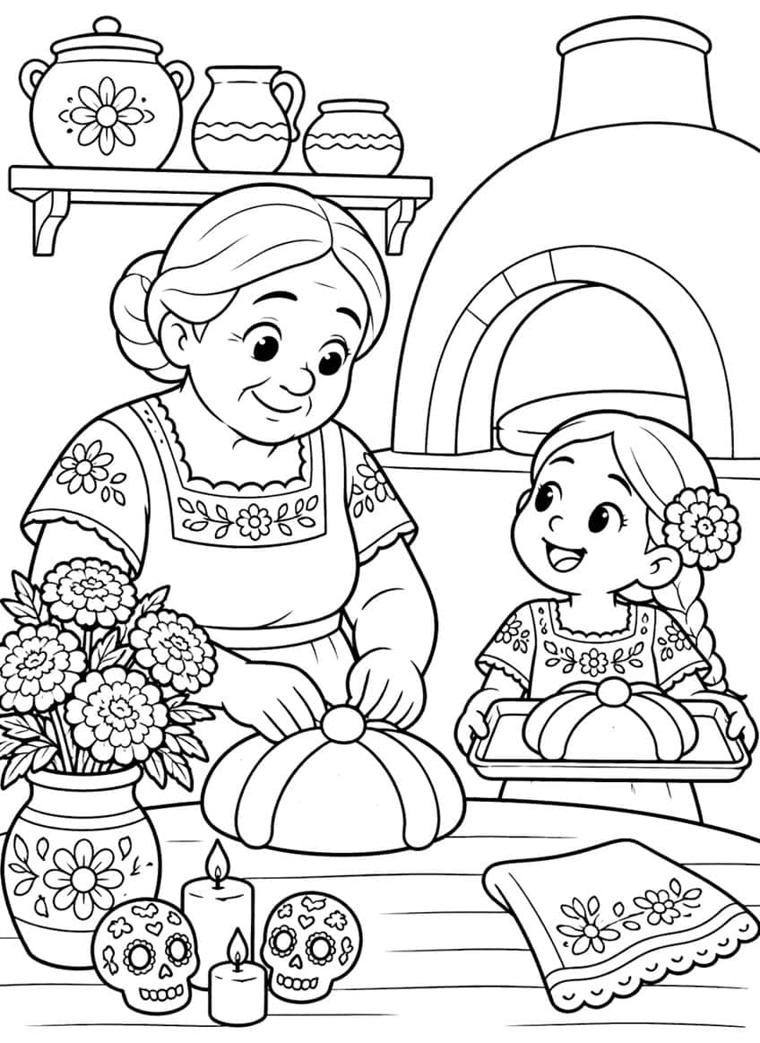 Grandmother and girl baking bread by a clay oven, with marigolds, sugar skulls and candles