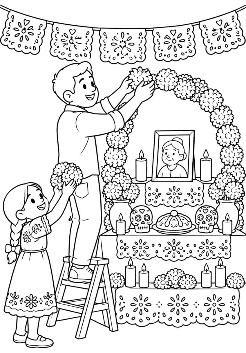 Man on a ladder and a girl build a marigold arch over an altar with portrait, candles, sugar skulls and papel picado
