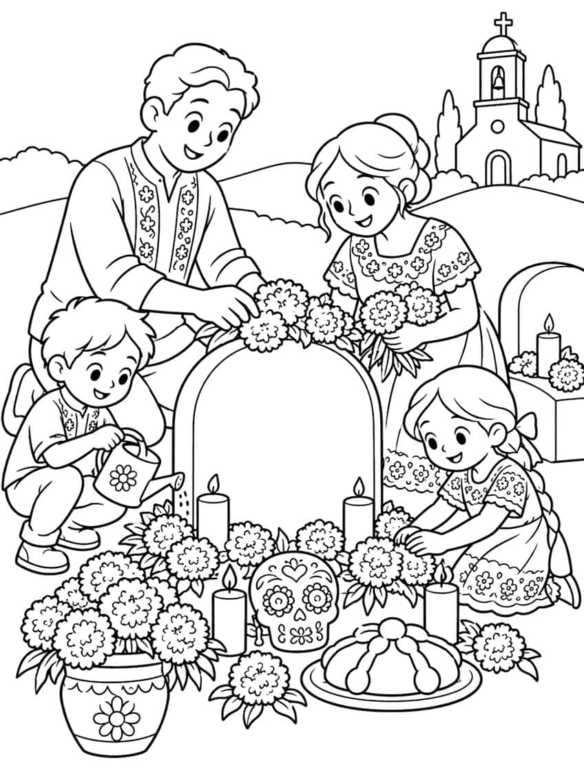 Family of four with marigolds, candles, sugar skull and bread at an arched gravestone, chapel on a hill behind