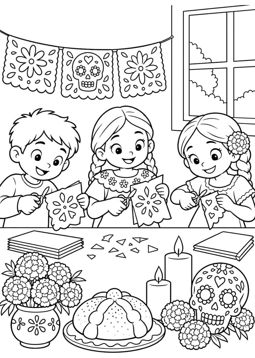 Boy and two girls cutting paper flags, banner, marigolds, candles, pan de muerto and sugar skull on a table