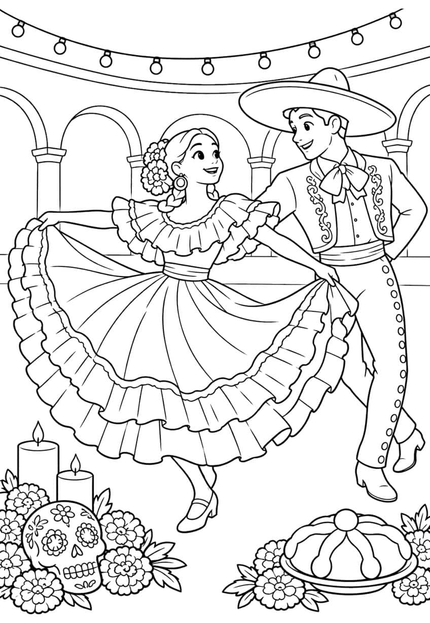 Girl and boy in folk costume dancing, with candles, sugar skull, marigolds and bread in front
