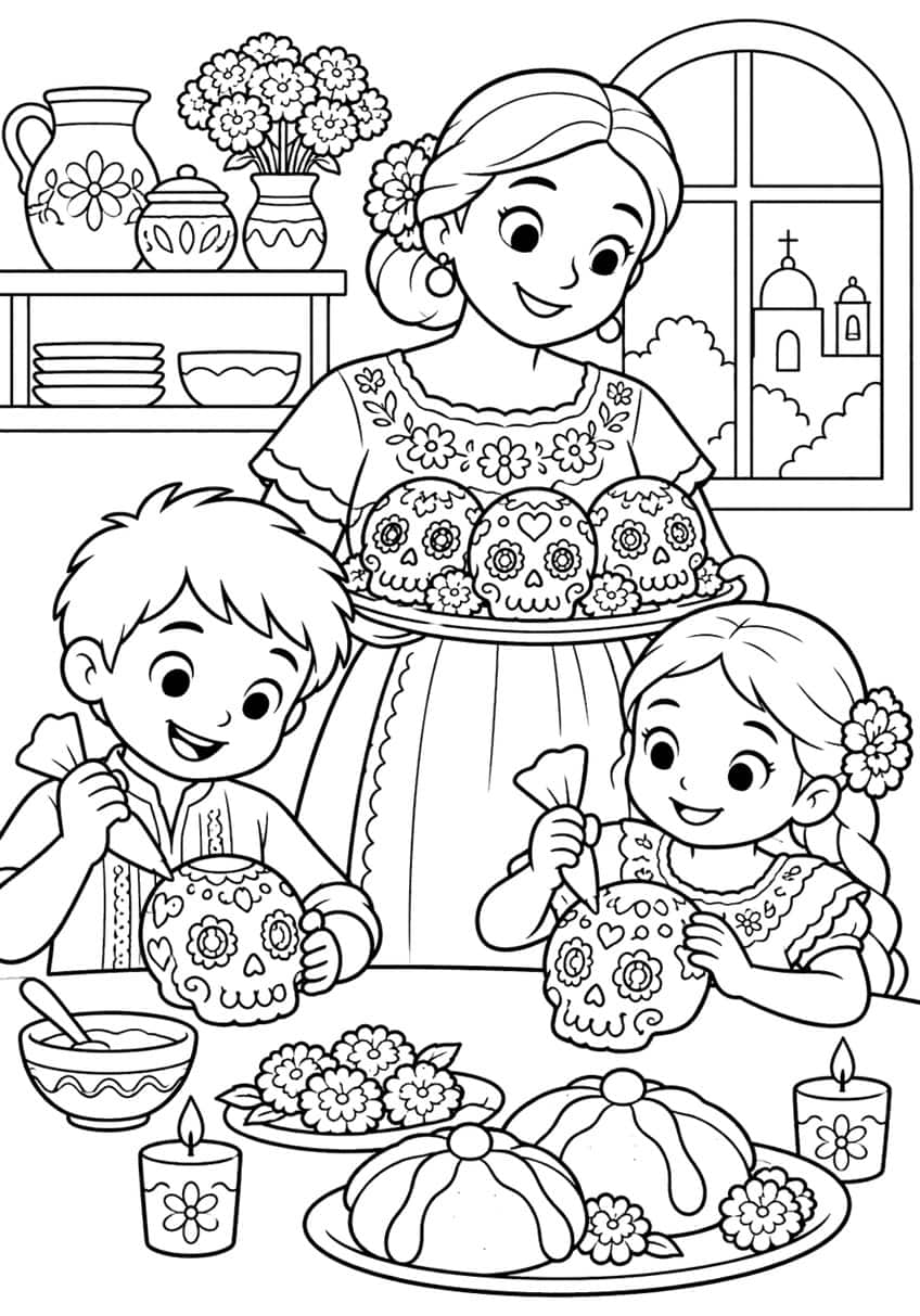 Mother with sugar skull plate, boy and girl icing skulls, pan de muerto, candles, marigolds, window with church