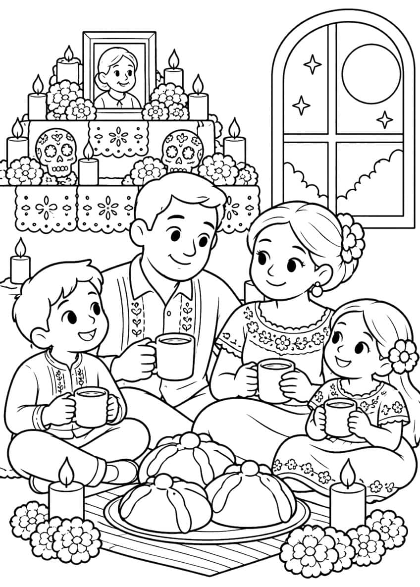 Family of four with mugs sitting by an altar with candles, sugar skulls, marigolds and bread