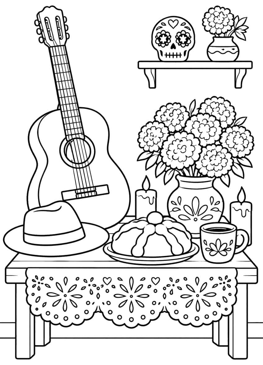 Guitar, hat, bread, mug, candles and marigold vase on a table with a shelf holding a sugar skull