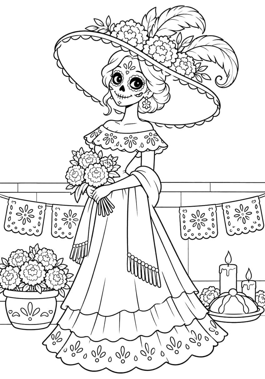 La Catrina skeleton lady in a big feathered hat with bouquet, papel picado, marigold pot, candles and bread