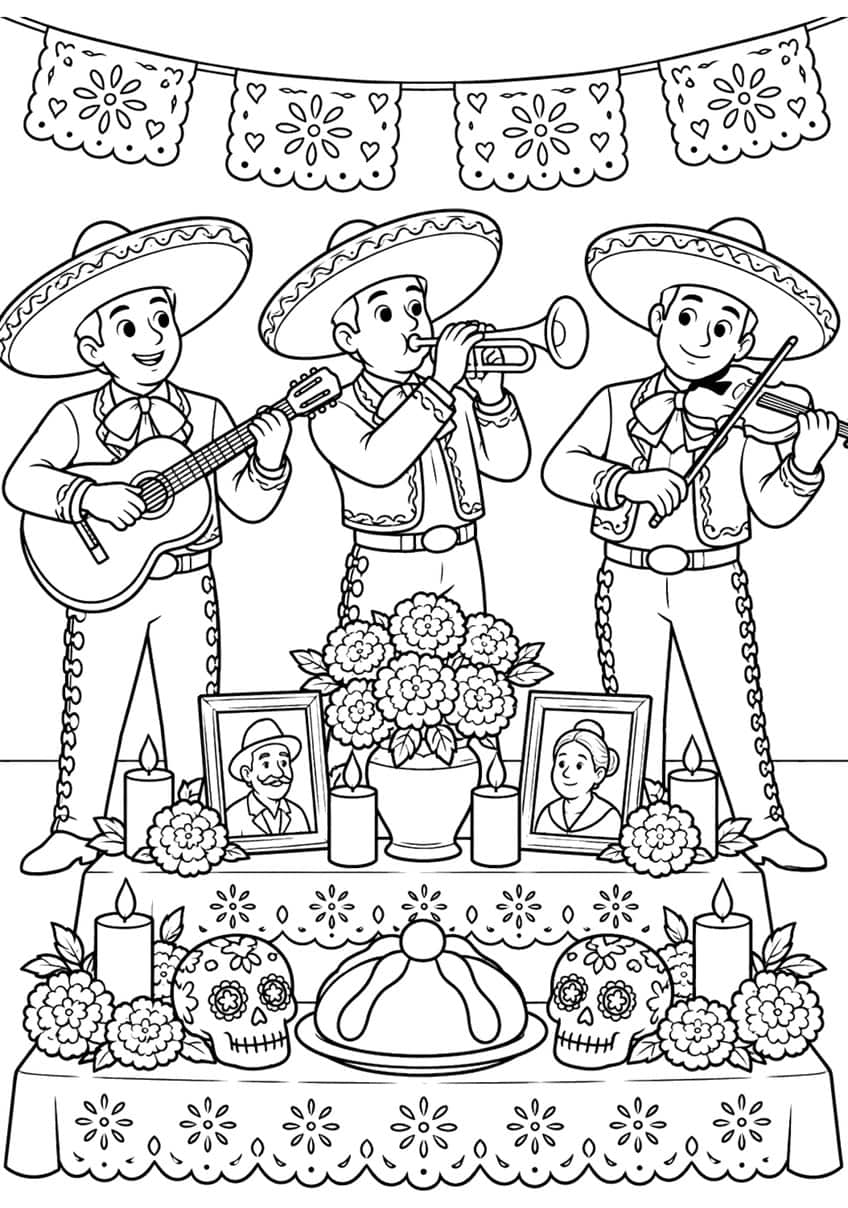 Three mariachis with guitar, trumpet and violin behind an altar with portraits, candles, marigolds and sugar skulls