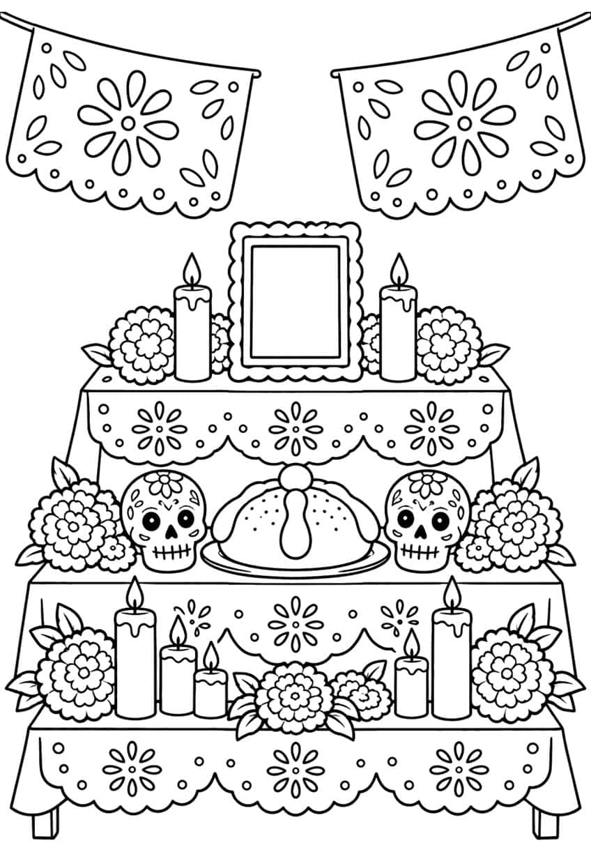 Three-tier Day of the Dead altar with candles, marigolds, two sugar skulls, bread and papel picado banners