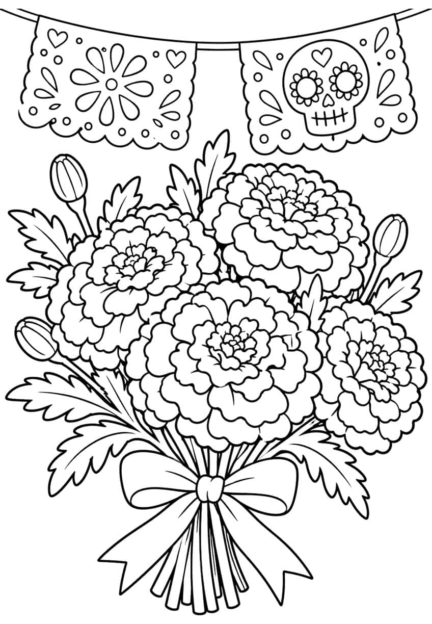 Bouquet of four marigolds and buds tied with a bow under papel picado banners with a flower and a sugar skull