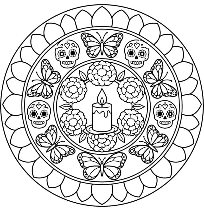 Round mandala with a candle, six marigolds, four sugar skulls, four butterflies and a petal border