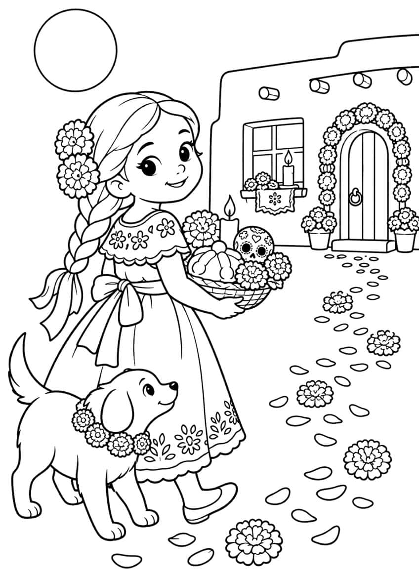 Girl with braid carrying an offering basket, puppy with flower collar, petal path to an arched door